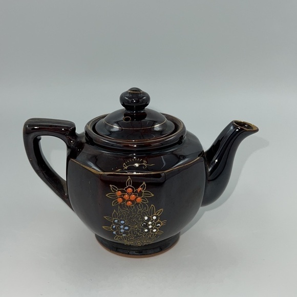 JAPANESE BROWN HAND-PAINTED CERAMIC MORIAGE TEAPOT - Picture 2 of 9